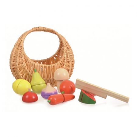 Egmont Toys fa játék szeletelhető zöldségek és gyümölcsök fonott kosárban